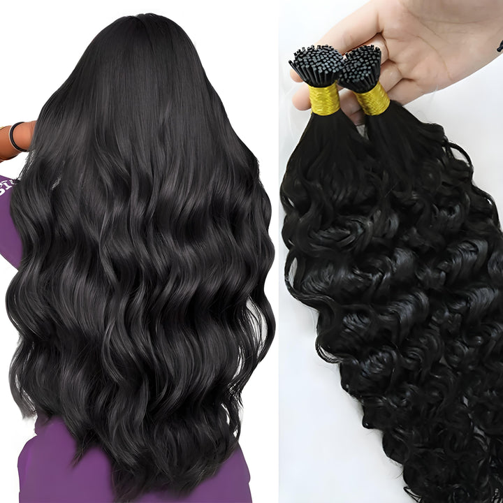 Close-up of I Tip Natural Wave bundle ends, showing fullness, texture consistency, and healthy shine.