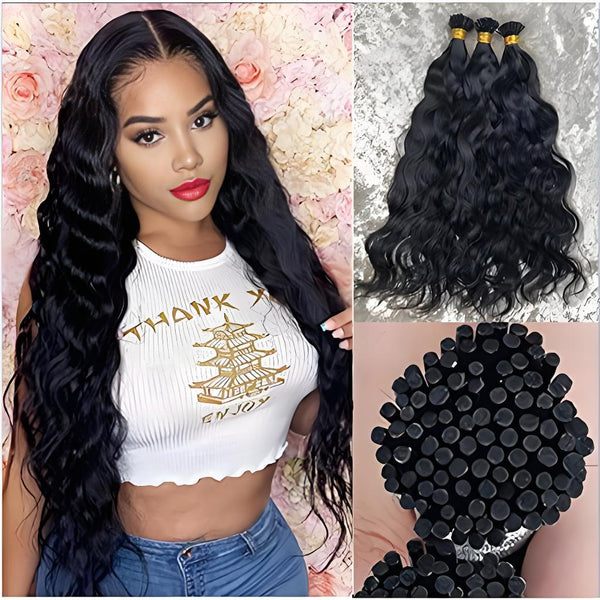 Detailed view of Natural Wave I Tip strands showcasing wave texture, keratin tip, and silky strands.