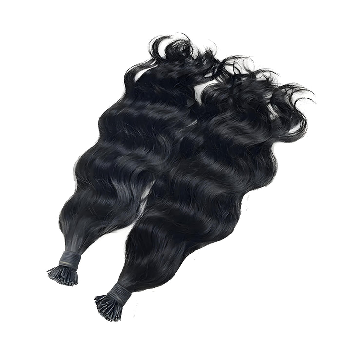Italian keratin I Tip bonds for Natural Wave hair extensions, tied neatly with gold bands.