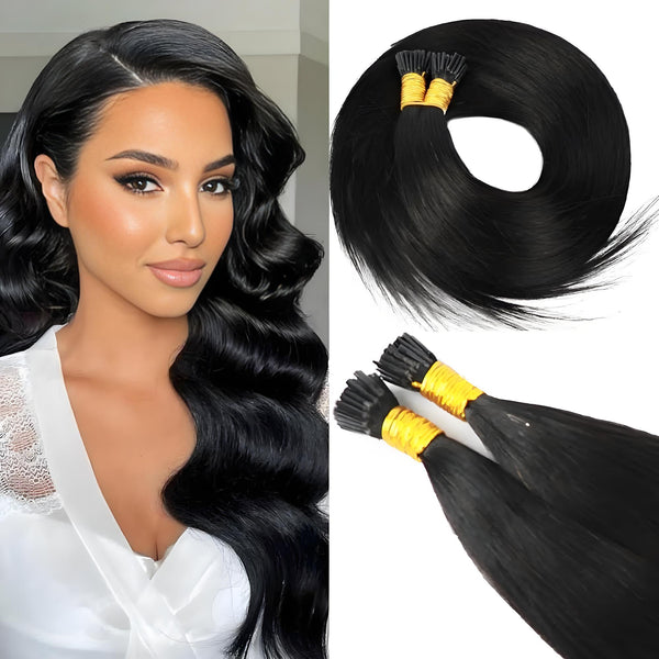 Model wearing EuxmeHair straight I Tip hair in natural black, showcasing smooth texture and natural shine.