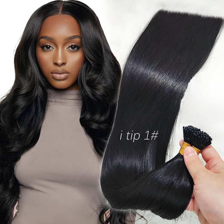 Model with long sleek hair holding EuxmeHair I Tip straight bundle in 1# black, showcasing shine and density.