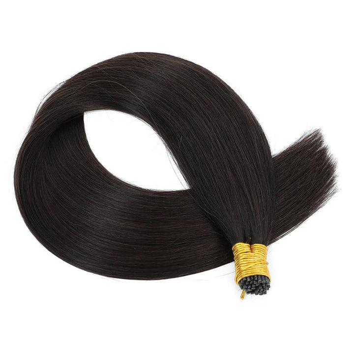 Coiled bundle of EuxmeHair I Tip straight hair, natural black shade, pre-bonded tip visible.