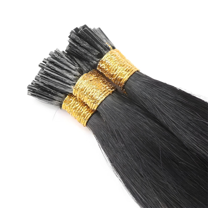 Close-up of EuxmeHair I Tip straight hair ends, showing high-quality keratin bond tips and silky strands.