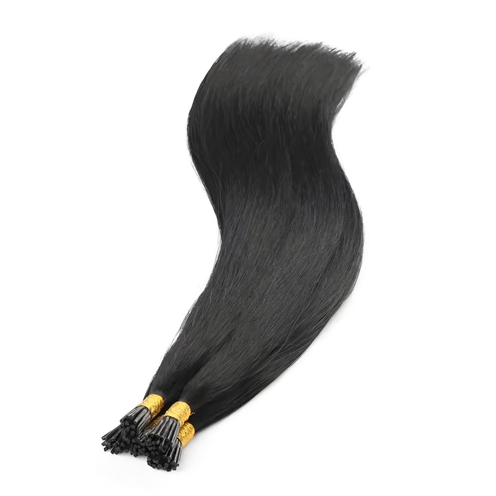 Single flowing bundle of EuxmeHair I Tip straight hair in natural black, showing silky smooth texture.
