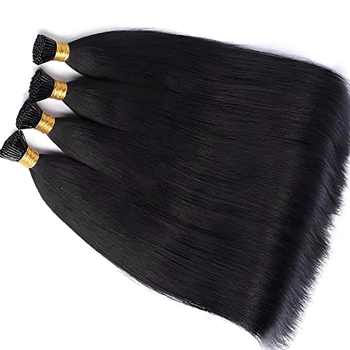 Top view of four EuxmeHair I Tip straight hair bundles, natural black color with even thick ends.