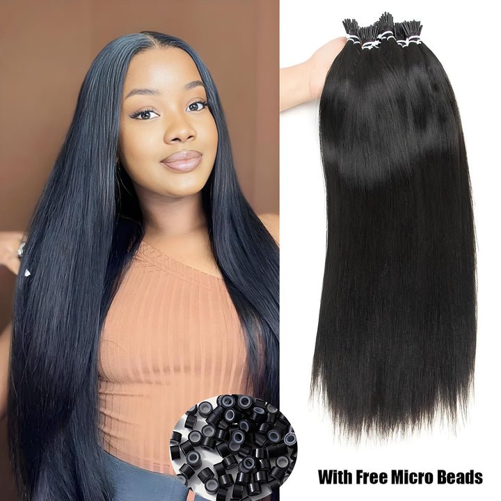 EuxmeHair I Tip Straight Hair Extensions with free black micro beads for easy microlink installation.