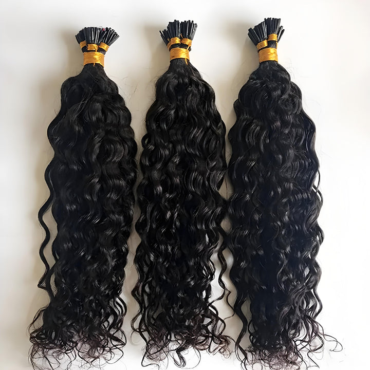 Three bundles of EuxmeHair Water Wave I Tip Extensions shown from top—thick, bouncy curls with neat cuticles and even flow.