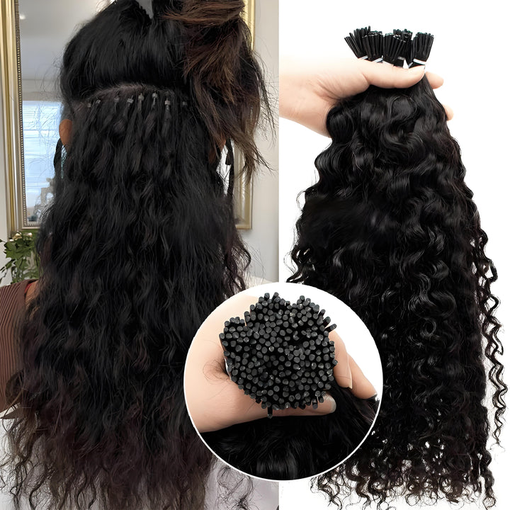 Close-up of EuxmeHair I Tip Water Wave Extensions installed using microbeads—neat sectioning and strong secure bonds.
