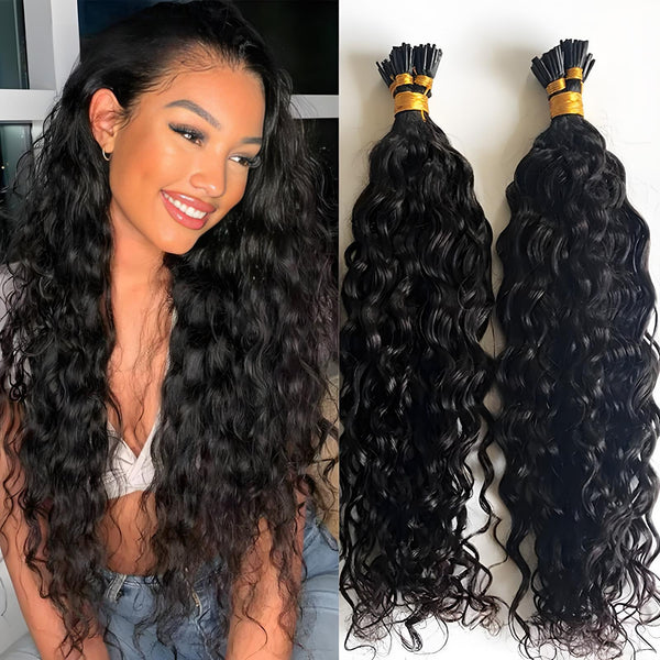 Side-by-side view of model wearing EuxmeHair Water Wave I Tip Hair and matching bundle pair—natural color, full ends, and bounce.
