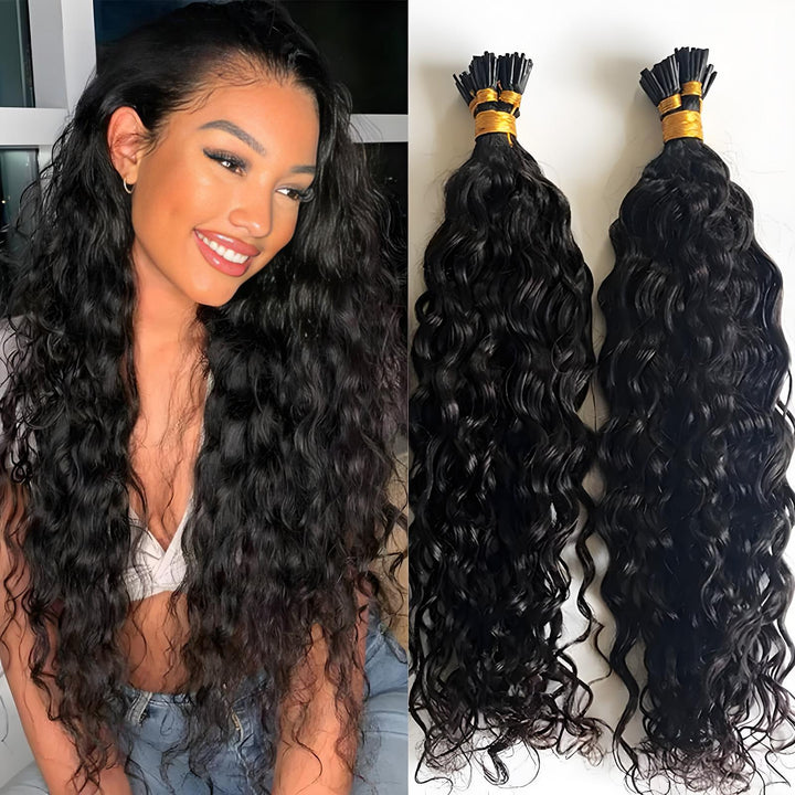 Side-by-side view of model wearing EuxmeHair Water Wave I Tip Hair and matching bundle pair—natural color, full ends, and bounce.