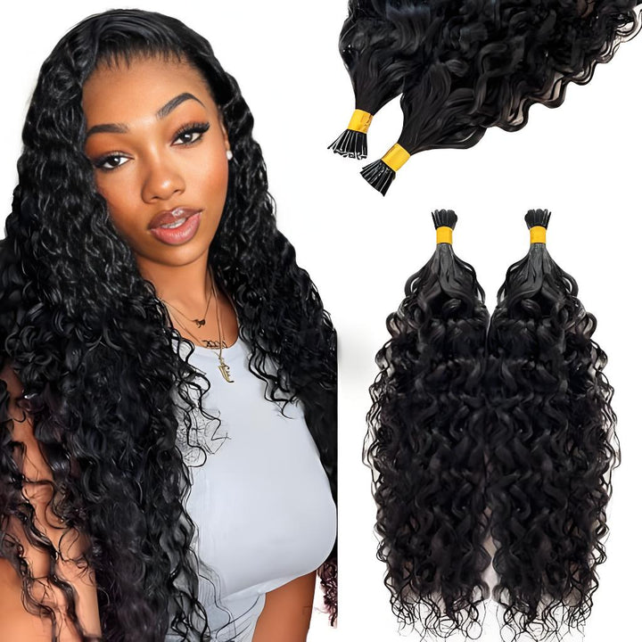 Model wearing EuxmeHair I Tip Water Wave Hair Extensions in natural color, showcasing full and shiny curls with sleek baby hair styling.
