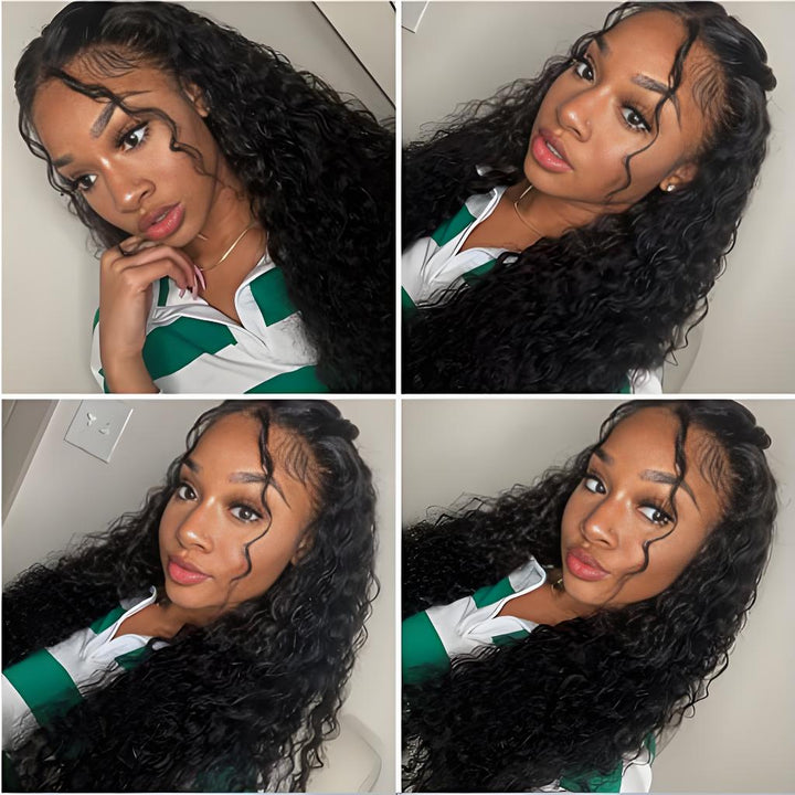 Collage of a model wearing EuxmeHair I Tip Water Wave Hair Extensions—defined curls, voluminous texture, and natural luster from different angles.