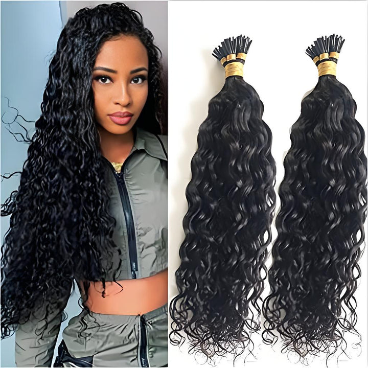 Model flaunting long EuxmeHair Water Wave I Tip Extensions—defined wave texture, high shine, and seamless blend with her natural hair.