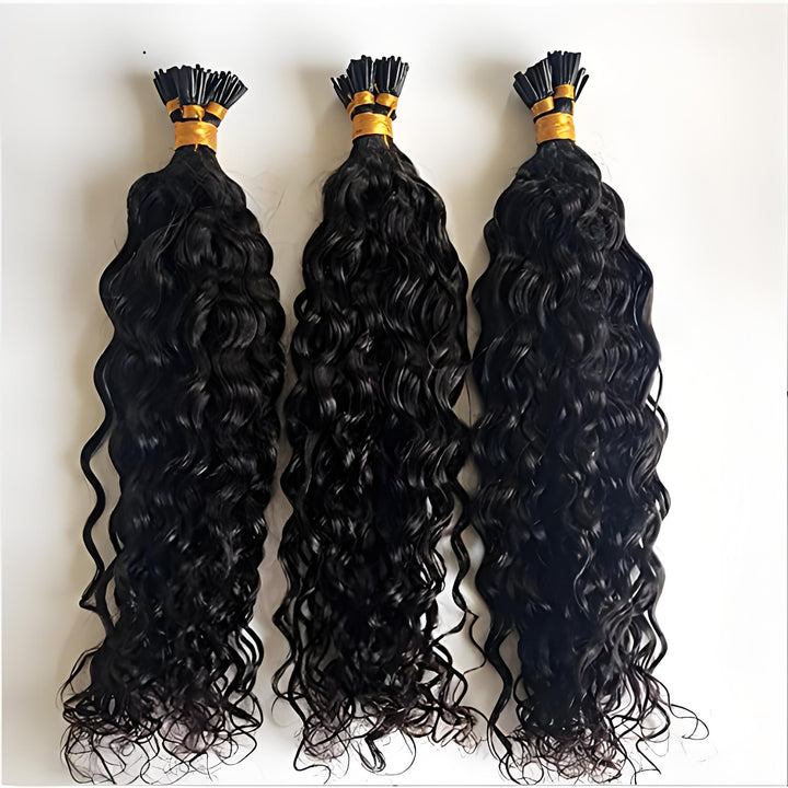 Three bundles of EuxmeHair I Tip Water Wave Hair Extensions displayed flat—showing rich curls and uniform length.