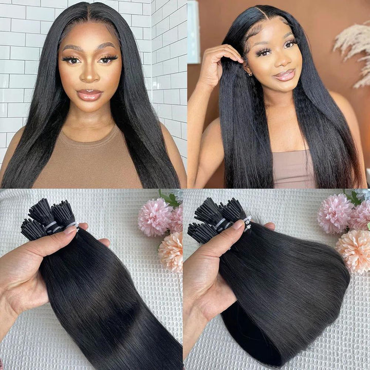 Black women wearing EuxmeHair I Tip Yaki Straight extensions with center part, highlighting sleek finish and texture.