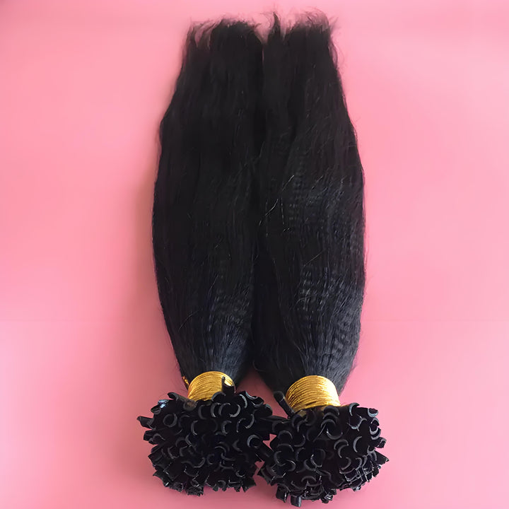 Close-up of EuxmeHair I Tip Yaki Straight Hair Bundles, showing thick keratin tips and natural coarse texture.