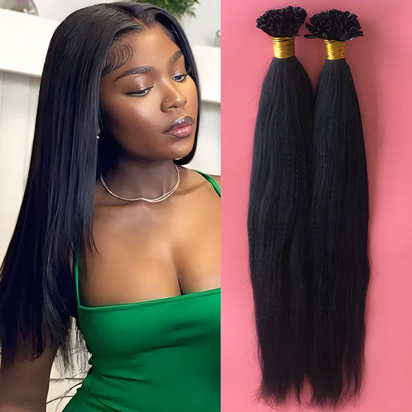 EuxmeHair I Tip Yaki Straight Hair shown on model and in bundle form, revealing fullness and scalp-like blending.