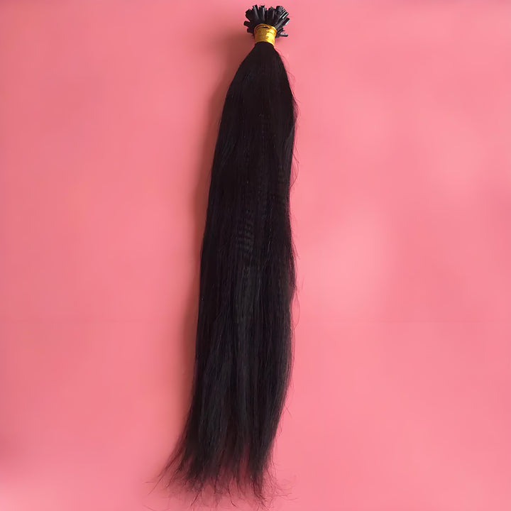 Single bundle of EuxmeHair I Tip Yaki Straight Hair on pink background, showing full thickness and raw ends.