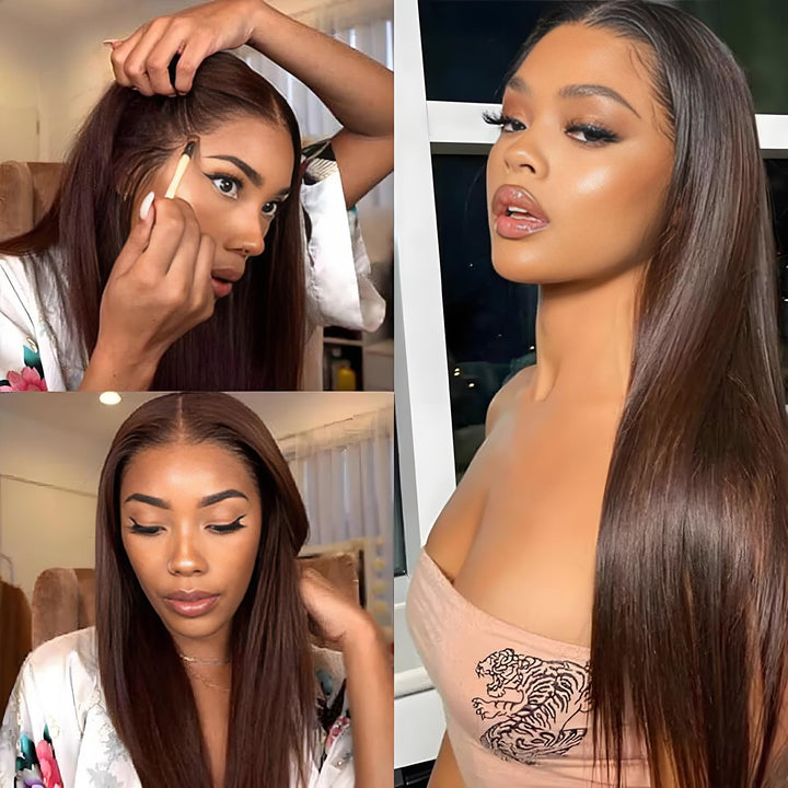 Woman applying and styling straight brown wig with makeup, showcasing natural hairline and sleek texture.