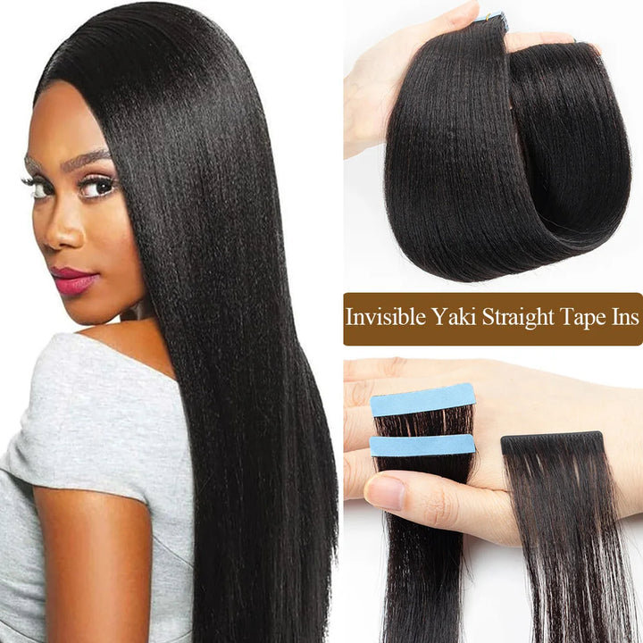 Yaki straight invisible tape-in extensions shown up close on hand and in model hair, blending seamlessly with natural strands.