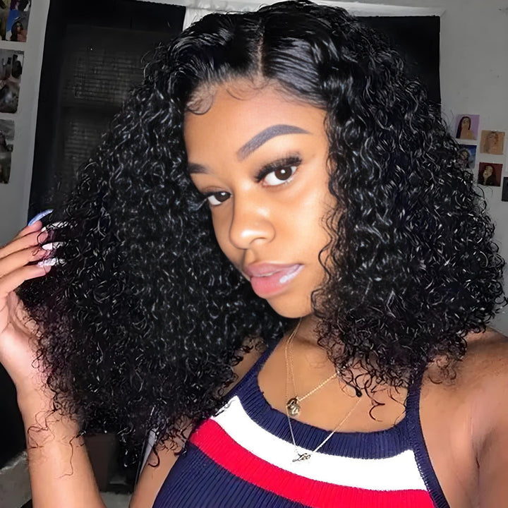 EuxmeHair Jerry Curl 6x6 bob wig in natural color styled glueless and worn indoors.