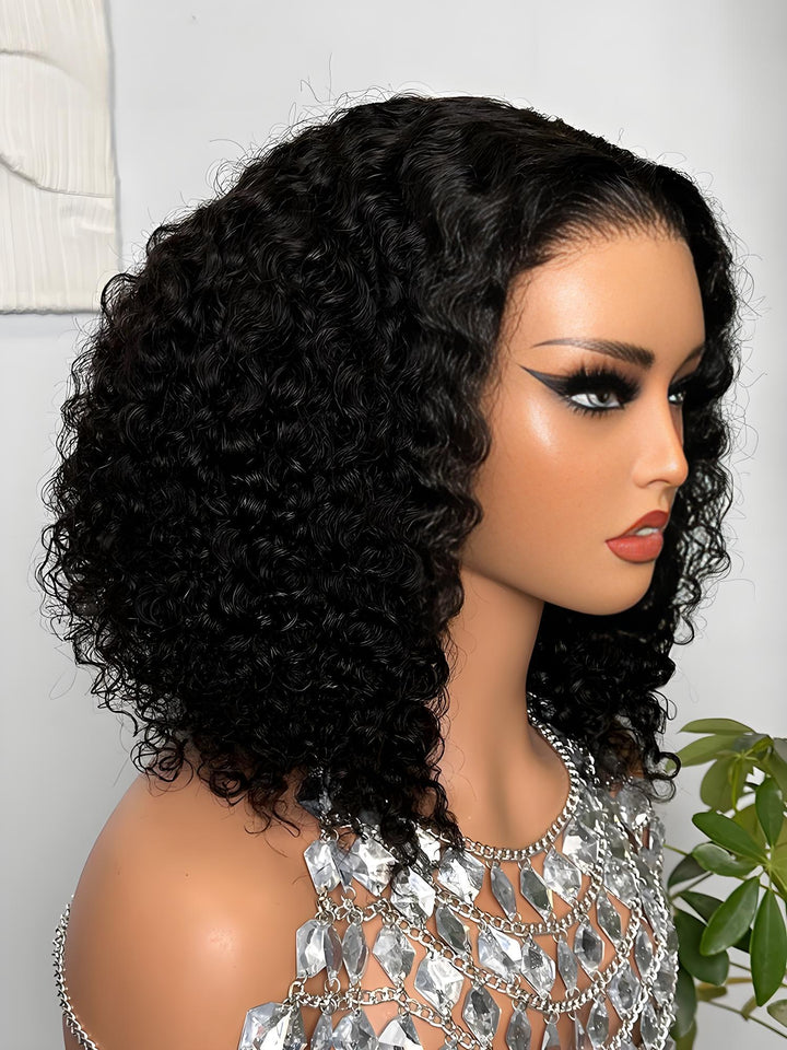 Side angle of glueless 6x6 Jerry Curl bob wig on mannequin with natural hairline.