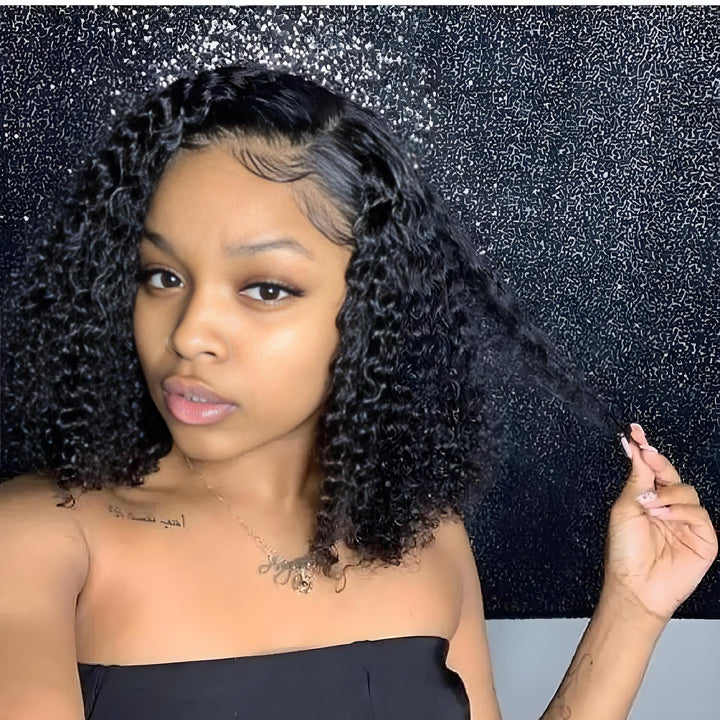Glueless 6x6 lace closure Jerry Curl bob wig worn with defined side part and baby hairs.