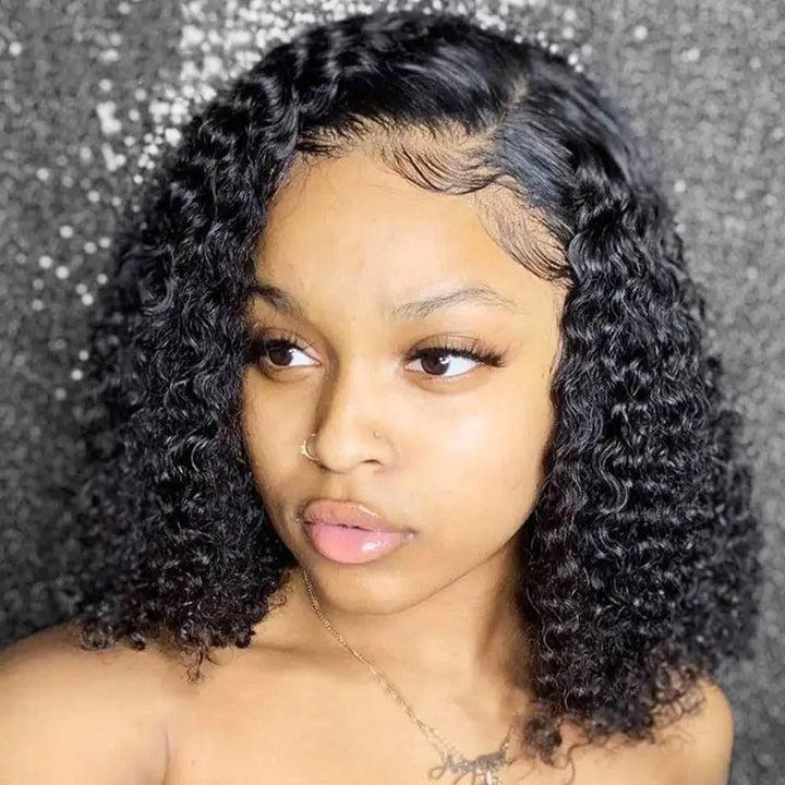 Close-up of natural hairline and curl pattern on Jerry Curl bob wig with 6x6 lace.