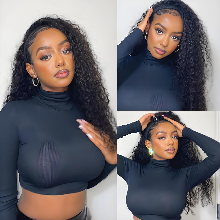 Three-pose collage of model showcasing Jerry Curly headband wig with sleek baby hairs, wearing fitted black turtleneck.