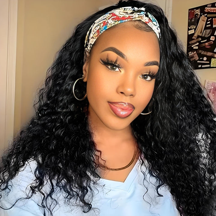 Long-length Jerry Curly headband wig styled with colorful print headband, worn by model with sleek edges and hoop earrings.