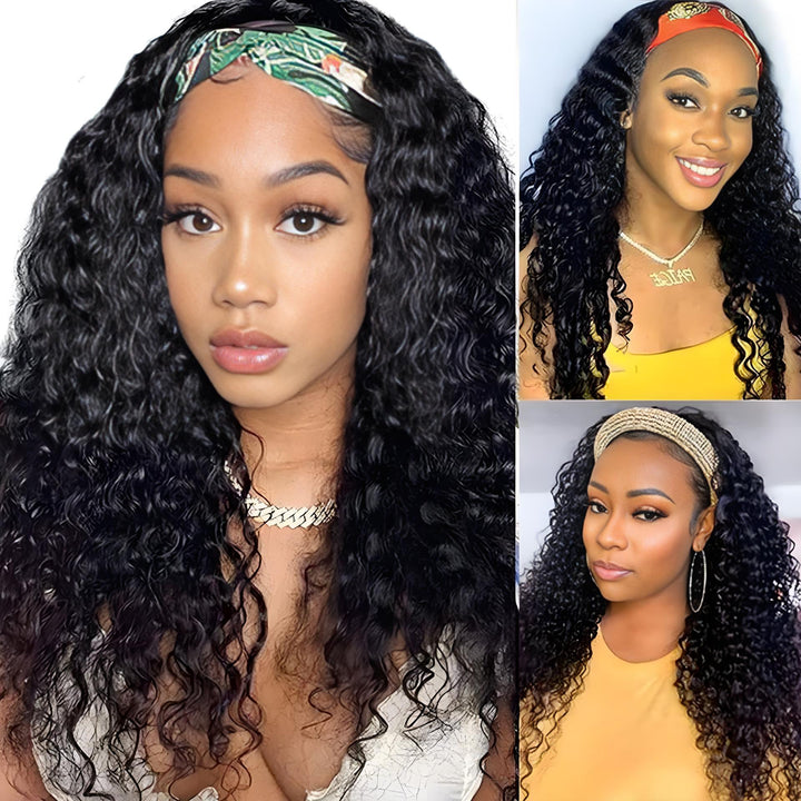 Trio view of Jerry Curly headband wig in natural black, styled with green, red, and beige headbands, worn by three models.