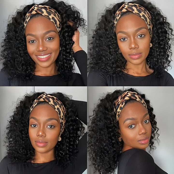 Four-angle collage of model wearing Jerry Curly headband wig with leopard band, highlighting curl texture and volume.
