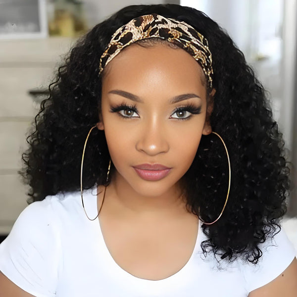 Model in white shirt wearing Jerry Curly headband wig with leopard print headband, defined curls and natural edges.