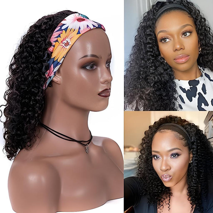 Side and front views of Jerry Curly headband wig on mannequin and models, showing volume, curl pattern, and headband styles.