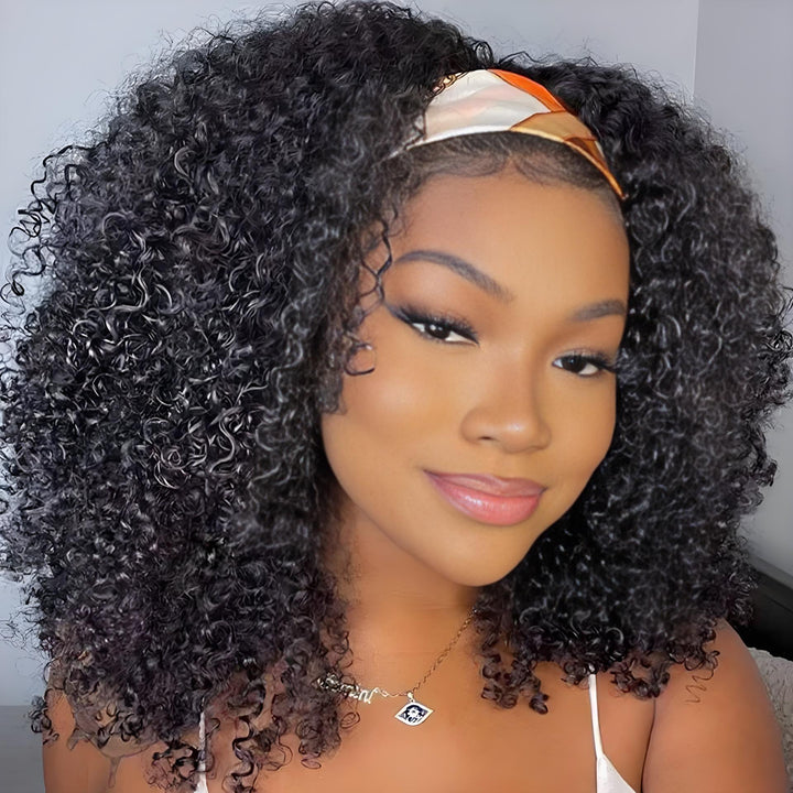 Defined wet-look Jerry Curly wig with orange and neutral patterned headband, worn by model with flawless baby hairs.