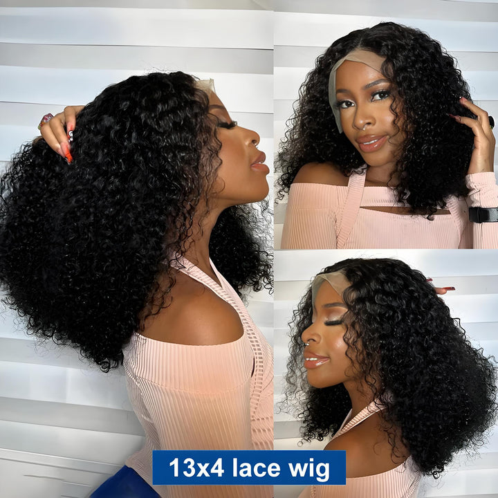 Different model angles of EuxmeHair jerry curly bob with 13x4 lace front showing natural curl pattern and glueless fit.