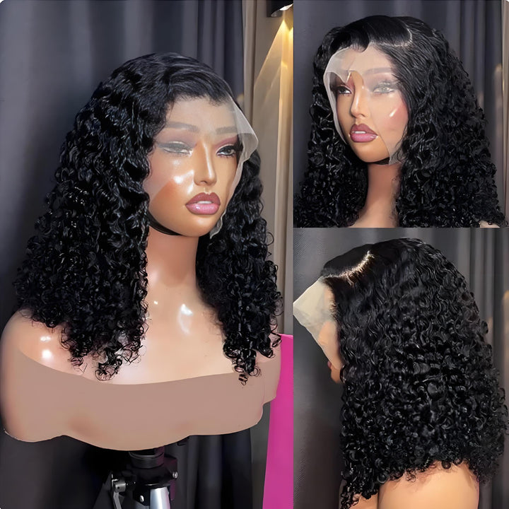 Three-angle mannequin display of EuxmeHair jerry curly short bob wig showing curls, hairline, and lace frontal from side, front, and angled view.
