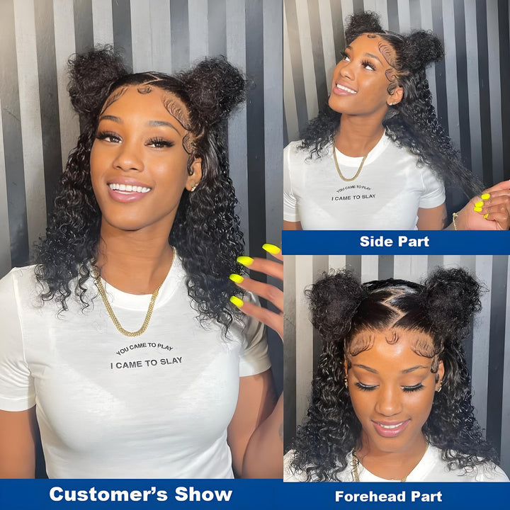 Customer showcase of EuxmeHair jerry curly bob wig styled in side part and forehead part with fun double buns and defined edges.