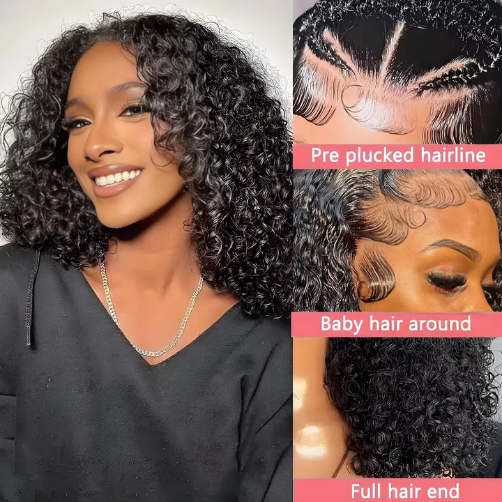 Close-up collage of EuxmeHair jerry curly bob highlighting pre-plucked hairline, baby hair around edges, and full hair ends.