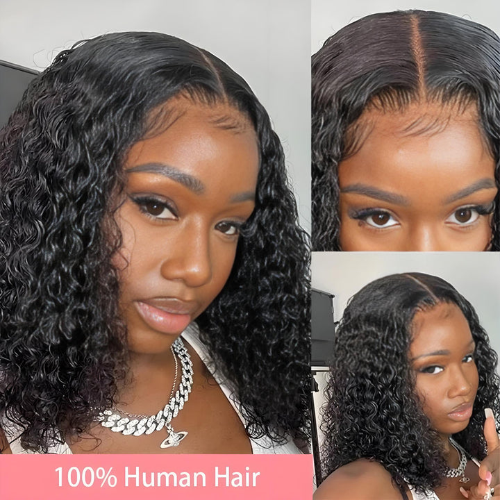 Model views of EuxmeHair short jerry curly wig highlighting natural part, realistic edges, and 100% human hair softness and shine.