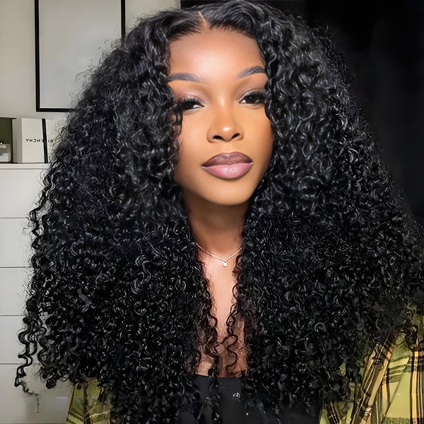 Model wearing long version of EuxmeHair jerry curly wig showcasing natural curls, middle part, and full thick density.