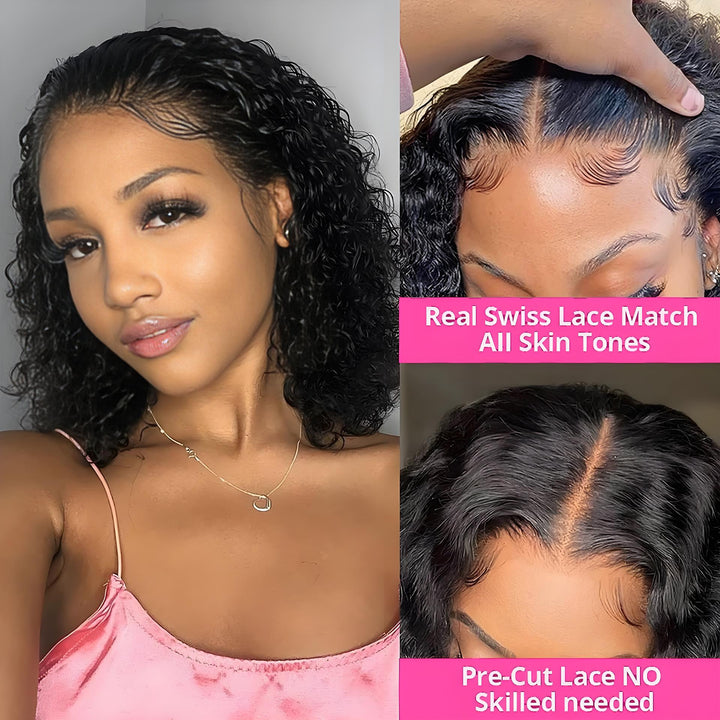 Model close-ups of EuxmeHair jerry curly wig featuring real Swiss lace blend, natural baby hair, and pre-cut lace for easy wear.
