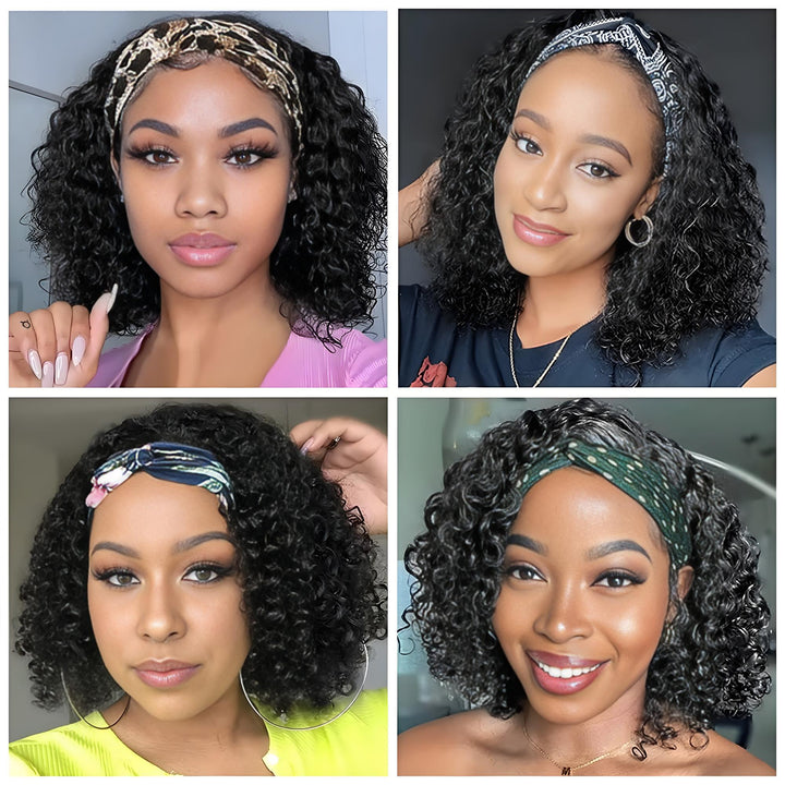 Collage of four women wearing kinky curly bob headband wigs, each styled with different headbands in everyday looks.
