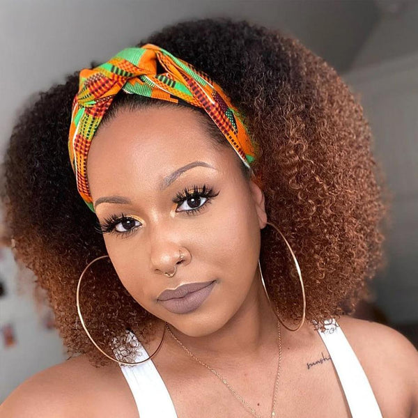 Front, side, and back views of kinky curly bob headband wig in light brown ombre color, worn by model.
