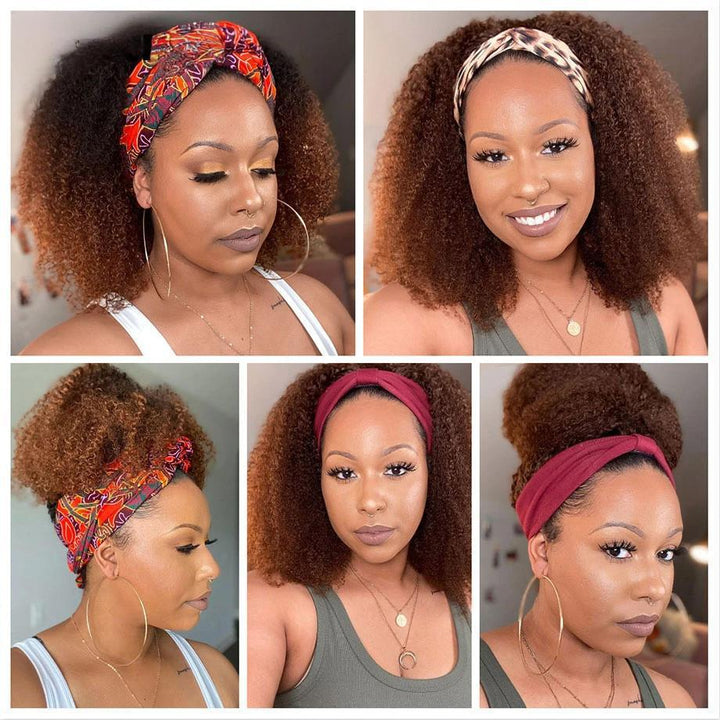 Step-by-step visual guide for installing kinky curly bob headband wig in minutes.
