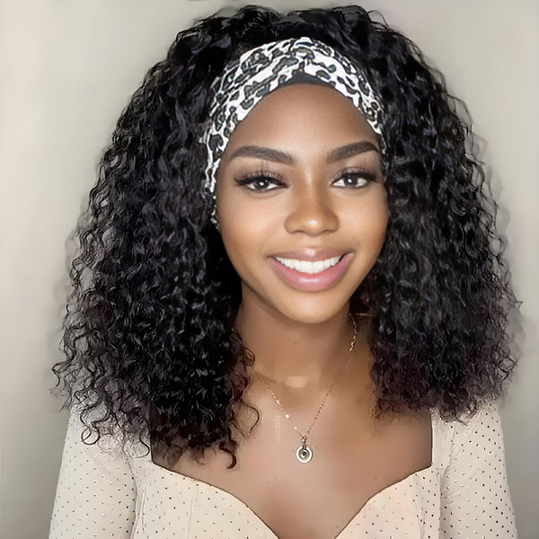 Smiling model wearing kinky curly bob headband wig with leopard print band, showcasing soft curls and natural look.