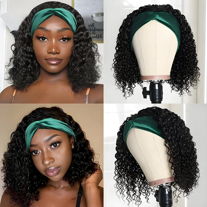 Bob-length kinky curly headband wig with green band, shown on mannequin and worn by model from multiple angles.