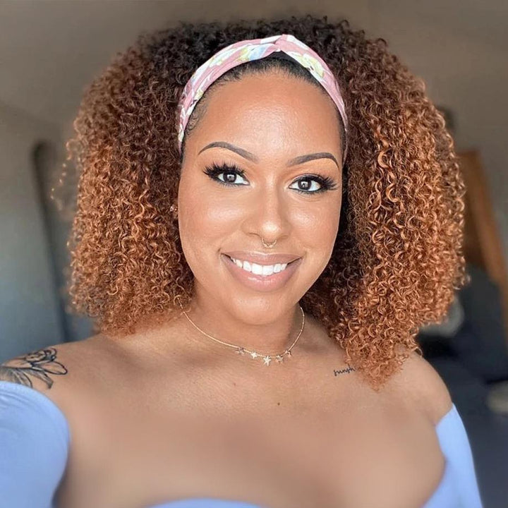 Side view of kinky curly bob headband wig showing bouncy curls and ombre color from root to tip.