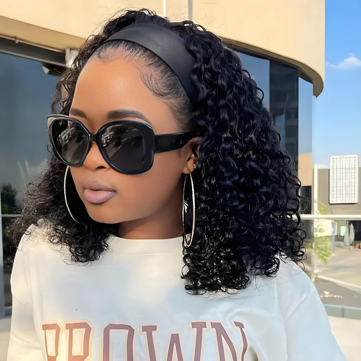 Outdoor streetwear look featuring kinky curly bob headband wig with black headband and oversized sunglasses.