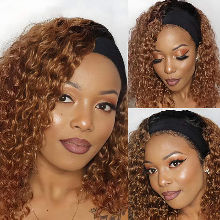 Wig shown with different headband styles and positions on mannequin, highlighting its styling flexibility.